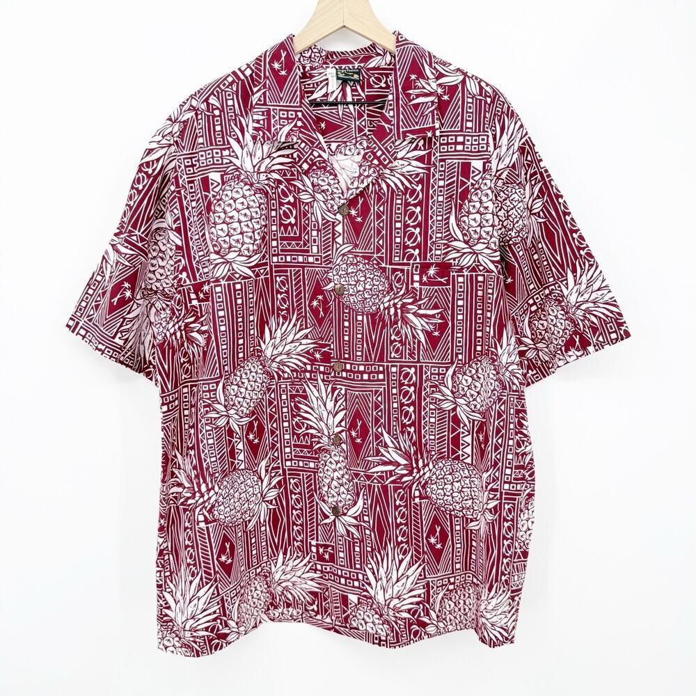 Aloha Fashion Hawaiian Shirt Men's XXL Red White Tapa Pineapple Button Up Beach‎
